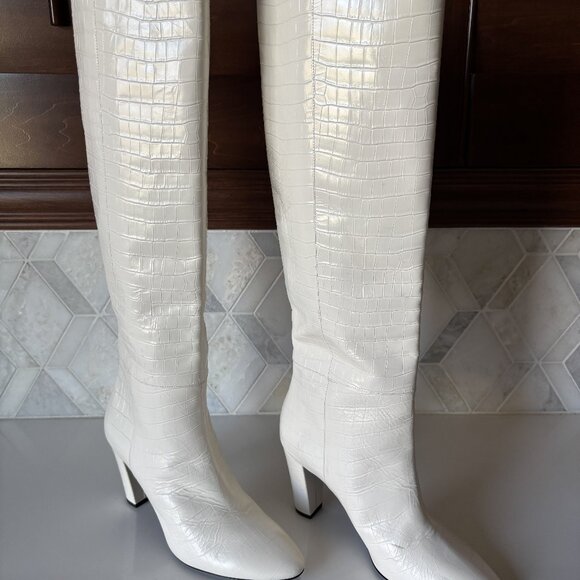 Longchamp Size 40/9.5 Knee High Heeled Boot White Crocodile Alligator FW 21 Pull - Picture 3 of 7